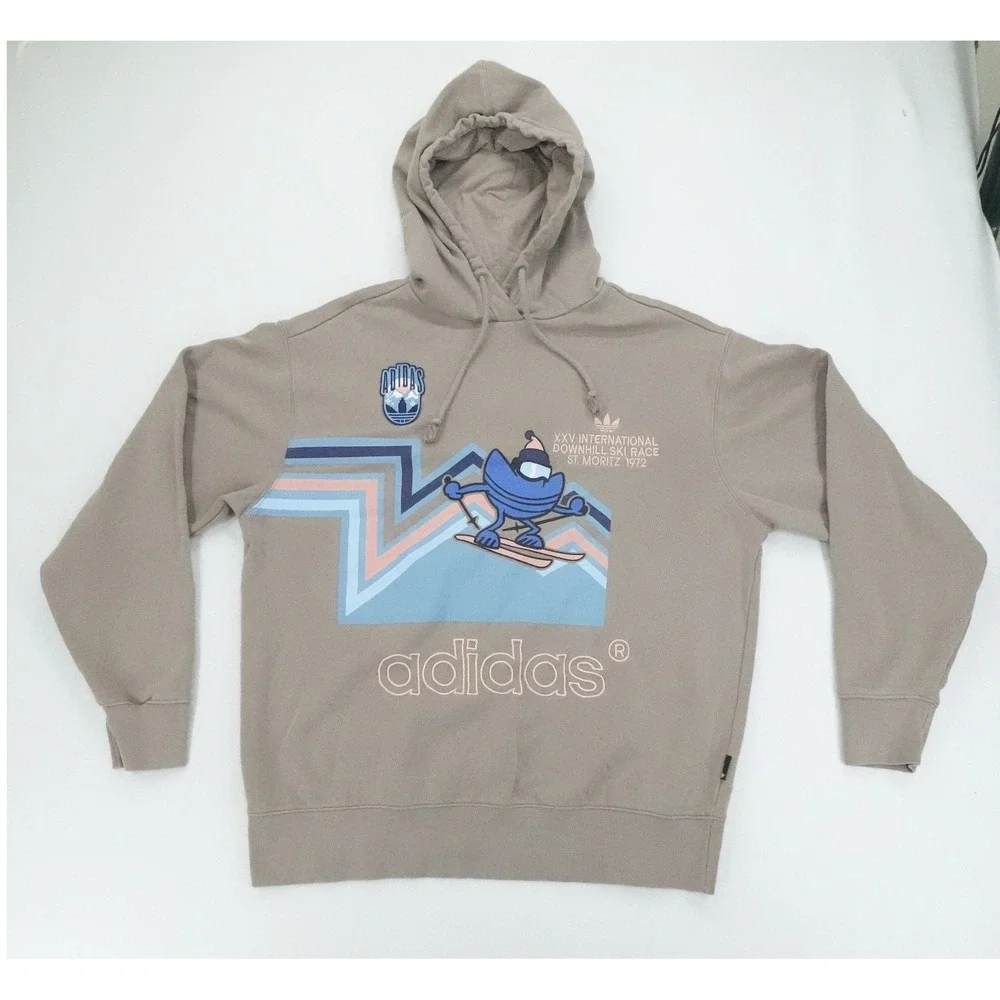 Adidas Hoodie Mens Large Tan St Moritz 1972 Downhill Ski Race Graphic Hoodie